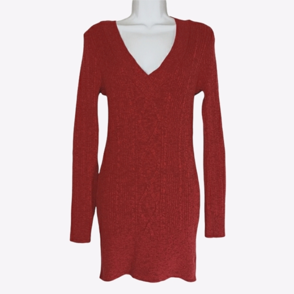 NEW CHERRY KNIT Red Black Marled Print V Neck Knit Sweater Tunic Dress Large